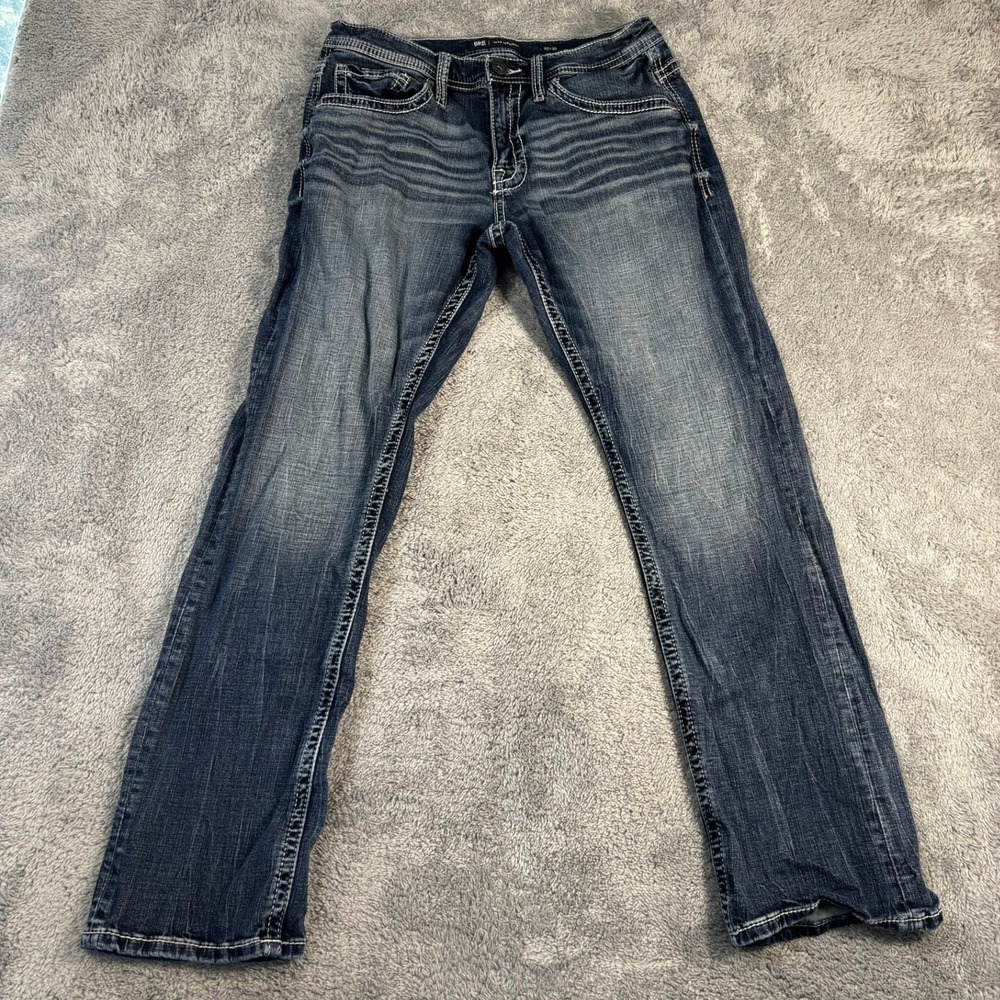 BKE Jake Straight Leg Jeans Mens 32x30 Dark Wash Thick Stitch Denim Blue